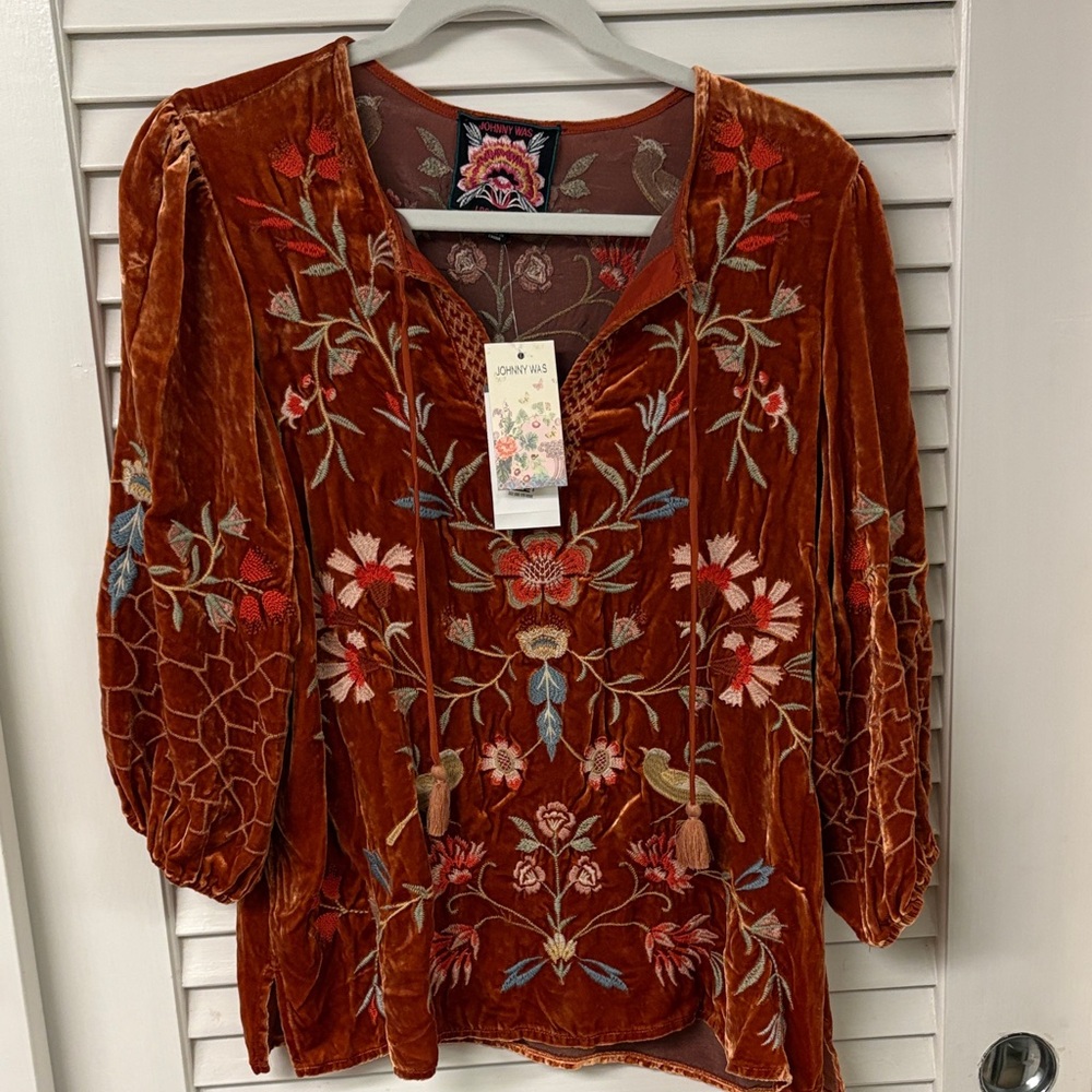 Johnny Was Rust Velvet Blouse with Floral Embroidery